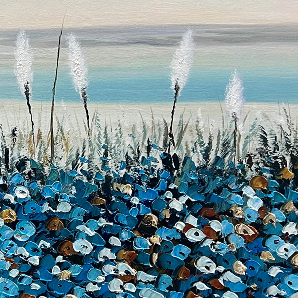 BLUE DUNES: Coastal Landscape Painting with Blue Flowers | rolled canvas, ready for custom framing