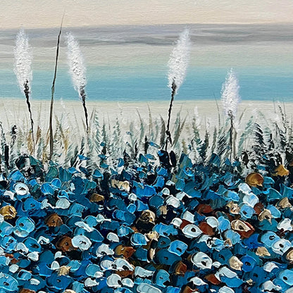 BLUE DUNES: Coastal Landscape Painting with Blue Flowers | rolled canvas, ready for custom framing