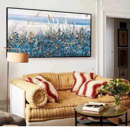 BLUE DUNES: Coastal Landscape Painting with Blue Flowers | black frame version on white wall