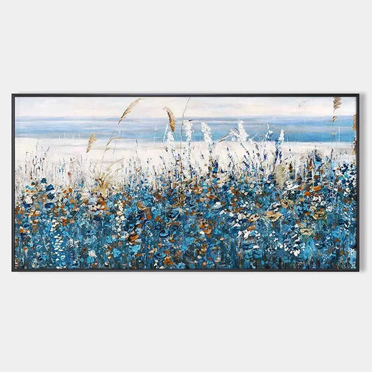 BLUE DUNES: Coastal Landscape Painting with Blue Flowers | hanging in Coastal landscape oil painting with rolling sandy dunes, blue wildflowers, and soft sky; textured brushwork captures a serene s...
