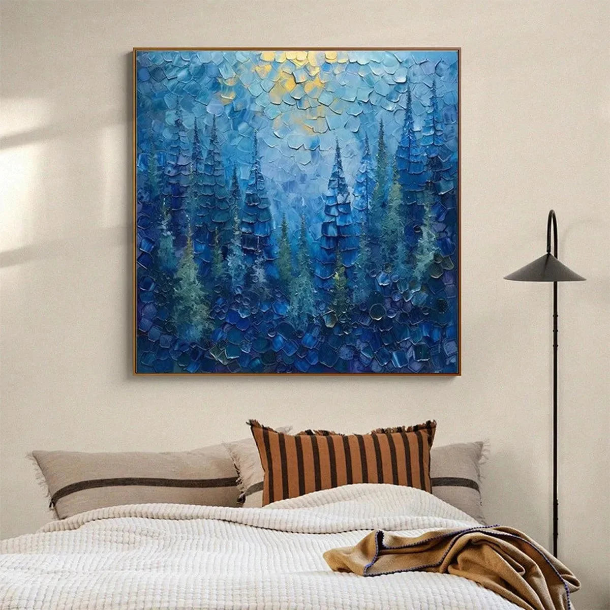 BLUE FOREST: Textured Forest Painting, Blue Landscape Wall Art, Square Canvas, Impasto Decor | Abstract closeup, raised brushwork detail