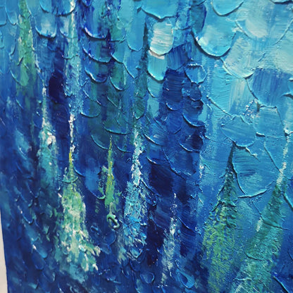 BLUE FOREST: Textured Forest Painting, Blue Landscape Wall Art, Square Canvas, Impasto Decor | rectangular format, hand-painted canvas edge