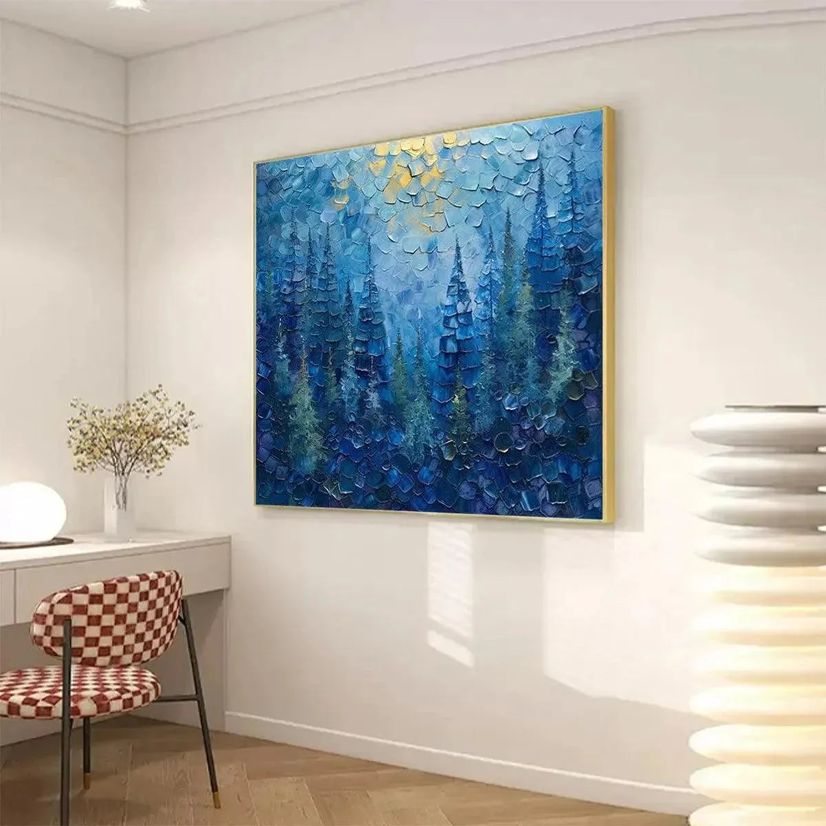 BLUE FOREST: Textured Forest Painting, Blue Landscape Wall Art, Square Canvas, Impasto Decor | gold frame stretched on neutral wall