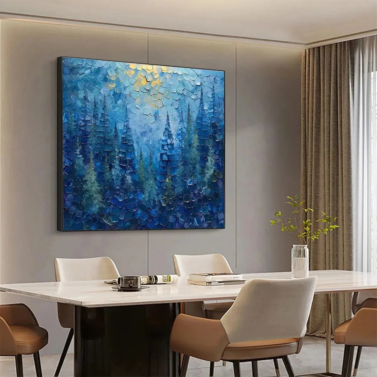 BLUE FOREST: Textured Forest Painting, Blue Landscape Wall Art, Square Canvas, Impasto Decor | rolled canvas, ready for custom framing