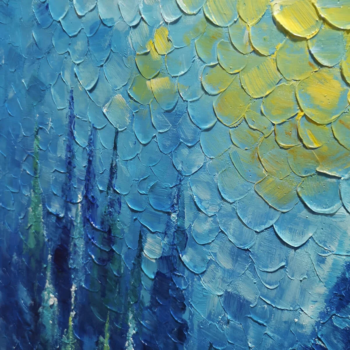 BLUE FOREST: Textured Forest Painting, Blue Landscape Wall Art, Square Canvas, Impasto Decor | black frame version on white wall