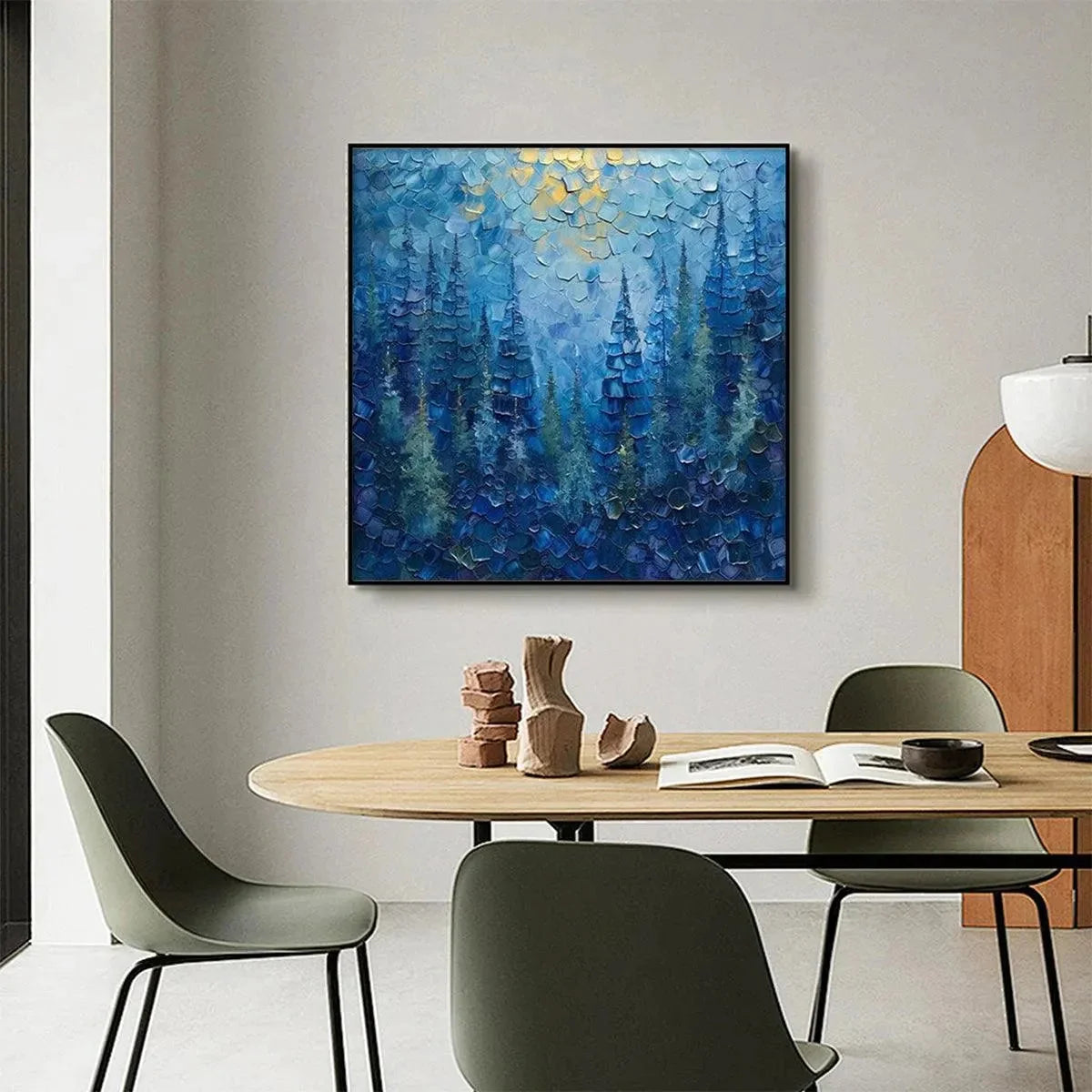 BLUE FOREST: Textured Forest Painting, Blue Landscape Wall Art, Square Canvas, Impasto Decor | Abstract mood, soft natural light studio shot