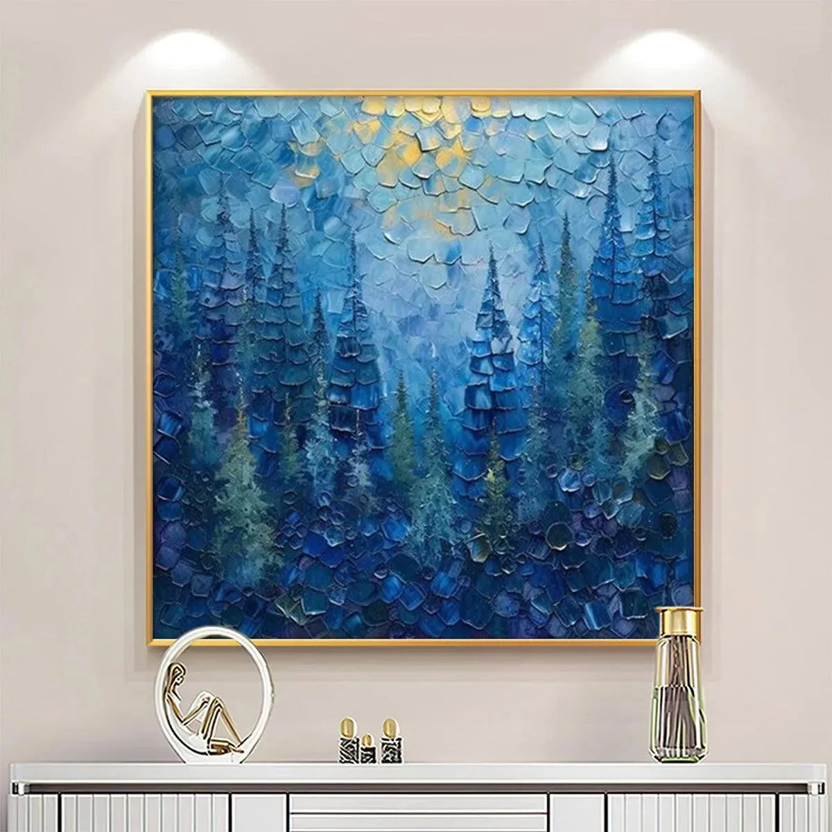 BLUE FOREST: Textured Forest Painting, Blue Landscape Wall Art, Square Canvas, Impasto Decor | blue palette, original Hand-painted on premium stretched canvas with artist-grade oils; thick palette-...