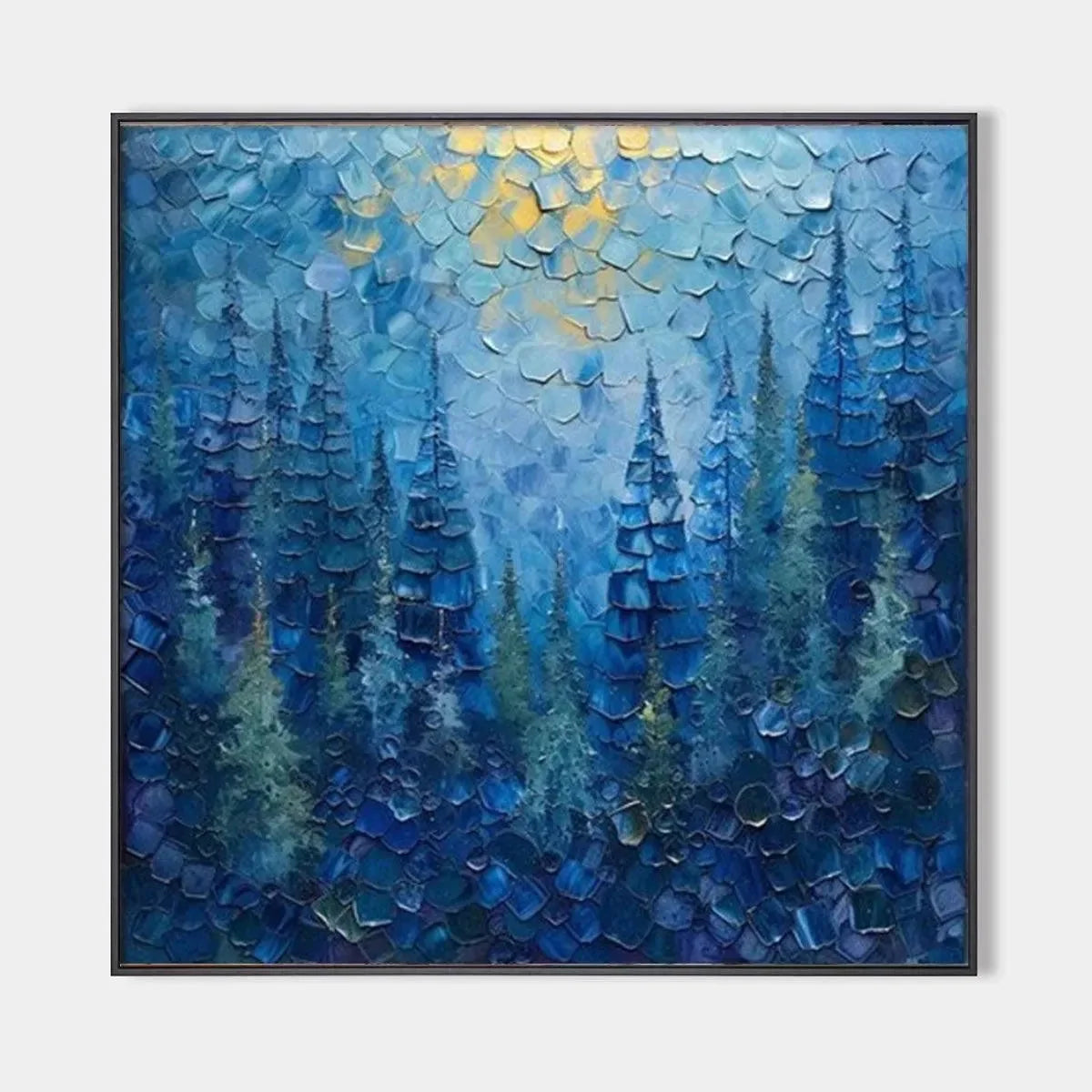 BLUE FOREST: Textured Forest Painting, Blue Landscape Wall Art, Square Canvas, Impasto Decor | hanging in Textured blue forest landscape oil painting in layered blue, teal, and green tones; heavy i...