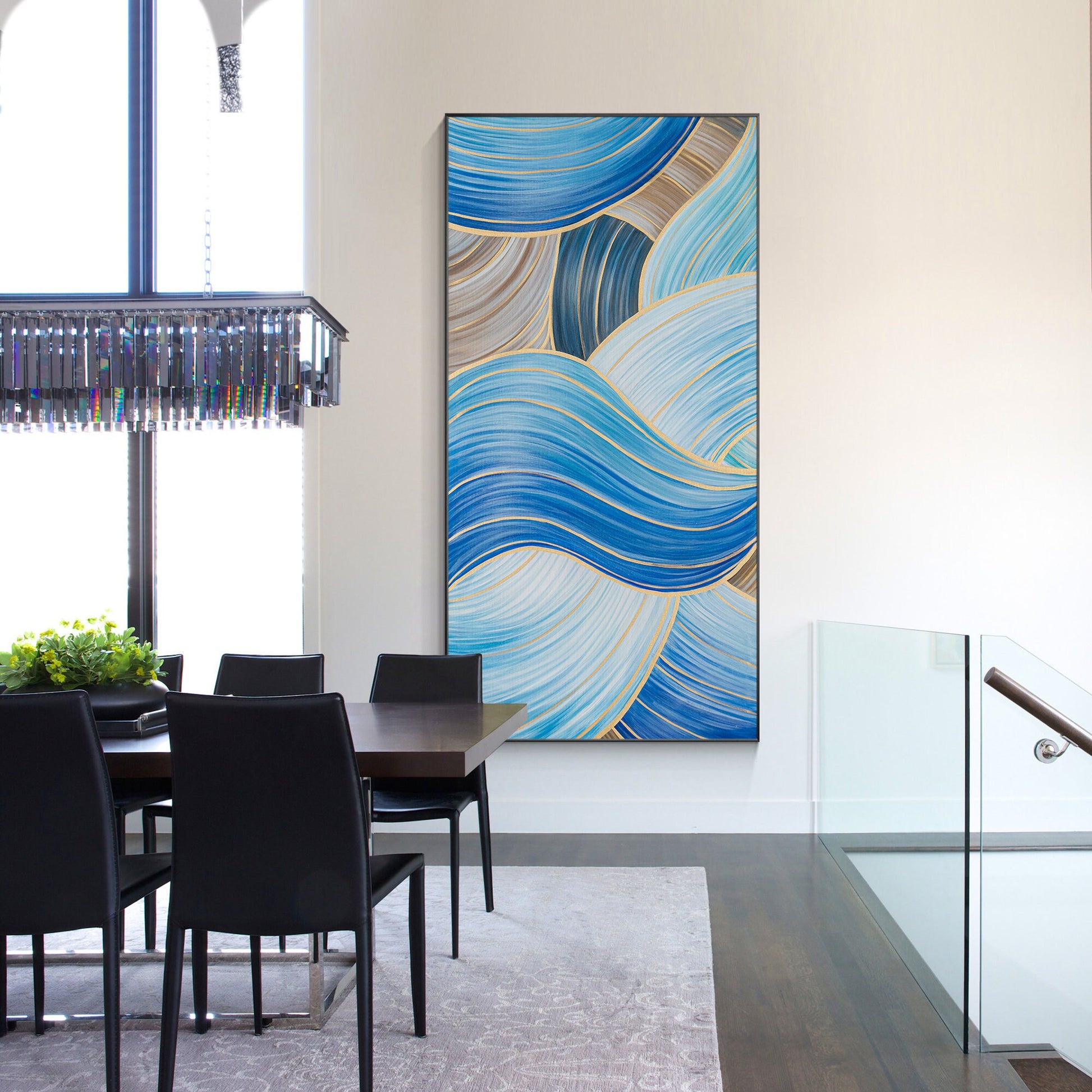 Blue Gold Abstract Ribbon Painting: Oversize Luxury Wall Art #2