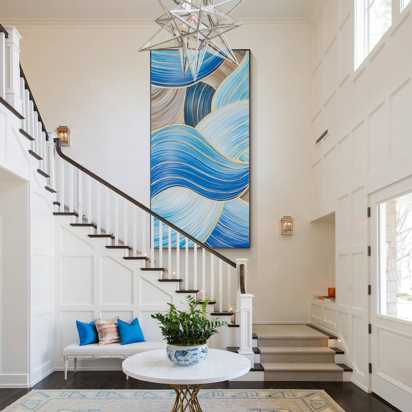 Blue Gold Abstract Ribbon Painting: Oversize Luxury Wall Art #3
