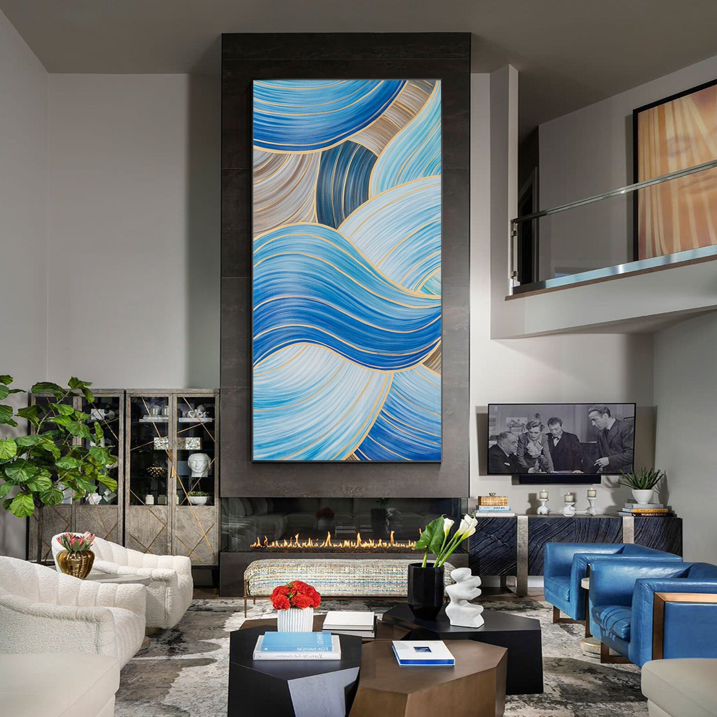 Blue Gold Abstract Ribbon Painting: Oversize Luxury Wall Art #5
