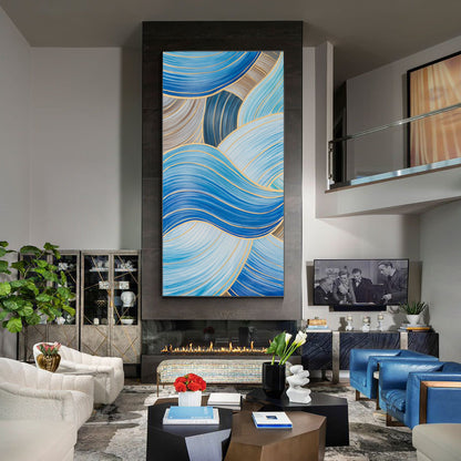 Blue Gold Abstract Ribbon Painting: Oversize Luxury Wall Art #5