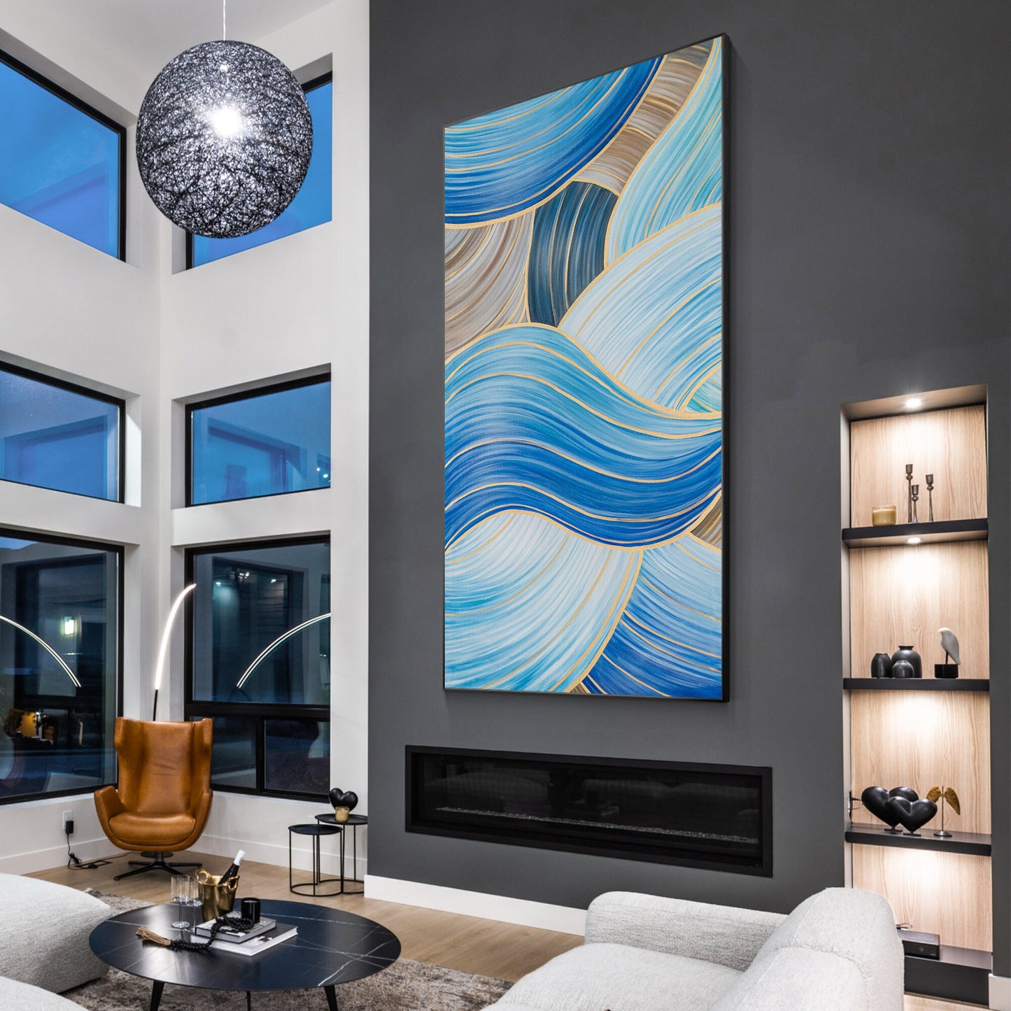 Blue Gold Abstract Ribbon Painting: Oversize Luxury Wall Art #6