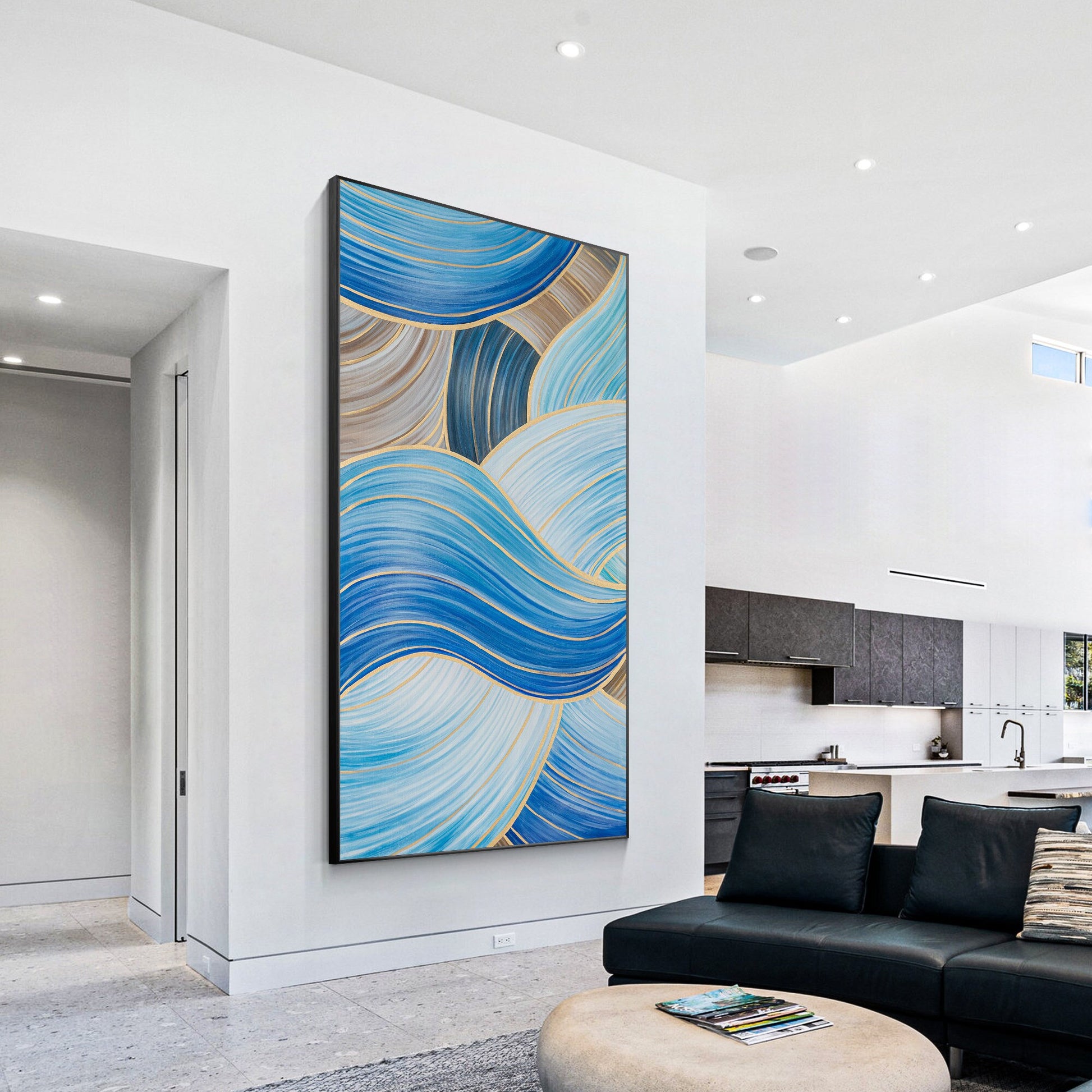 Blue Gold Abstract Ribbon Painting: Oversize Luxury Wall Art #1