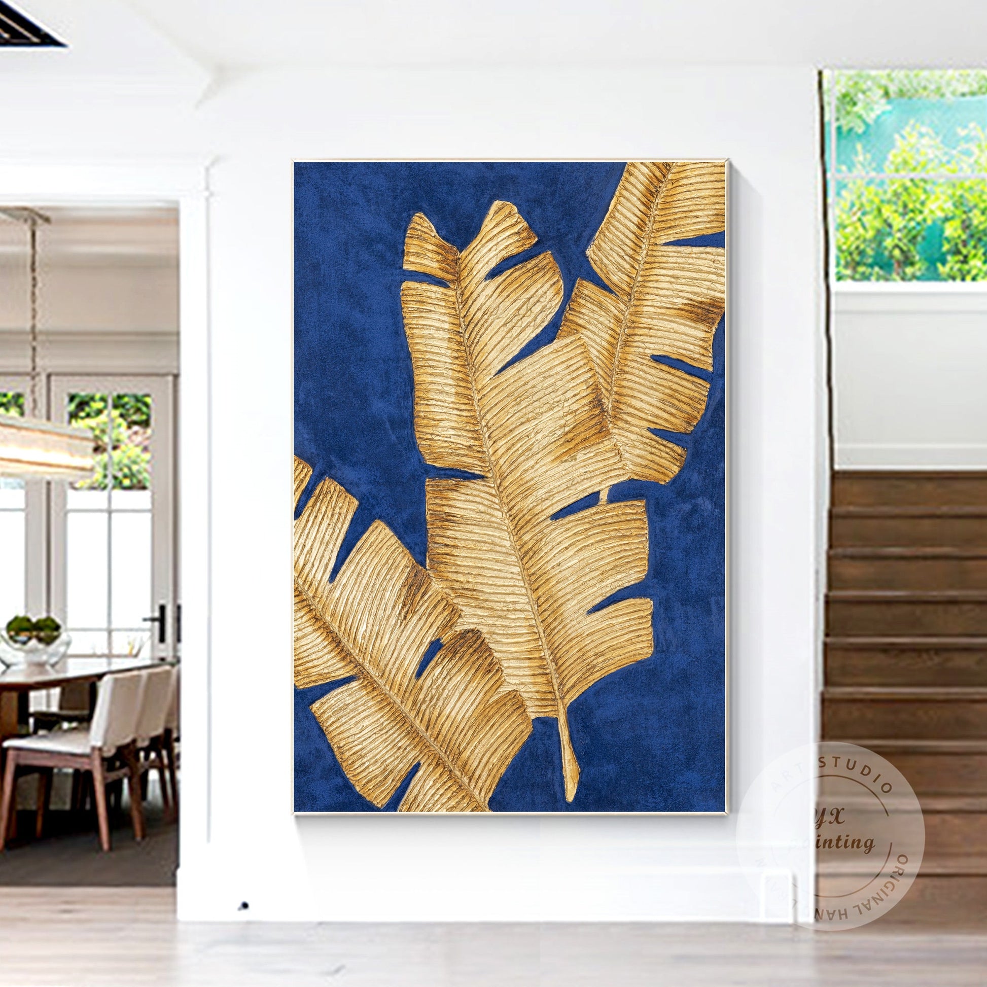 Blue & Gold Banana Leaf Painting: 3D Texture Minimalist Wall Art #2