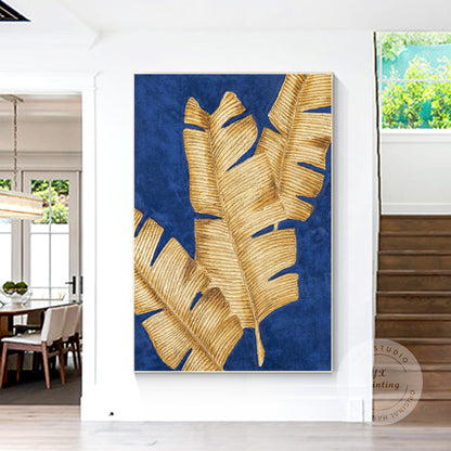 Blue & Gold Banana Leaf Painting: 3D Texture Minimalist Wall Art #2