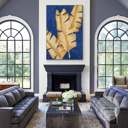 Blue & Gold Banana Leaf Painting: 3D Texture Minimalist Wall Art #3