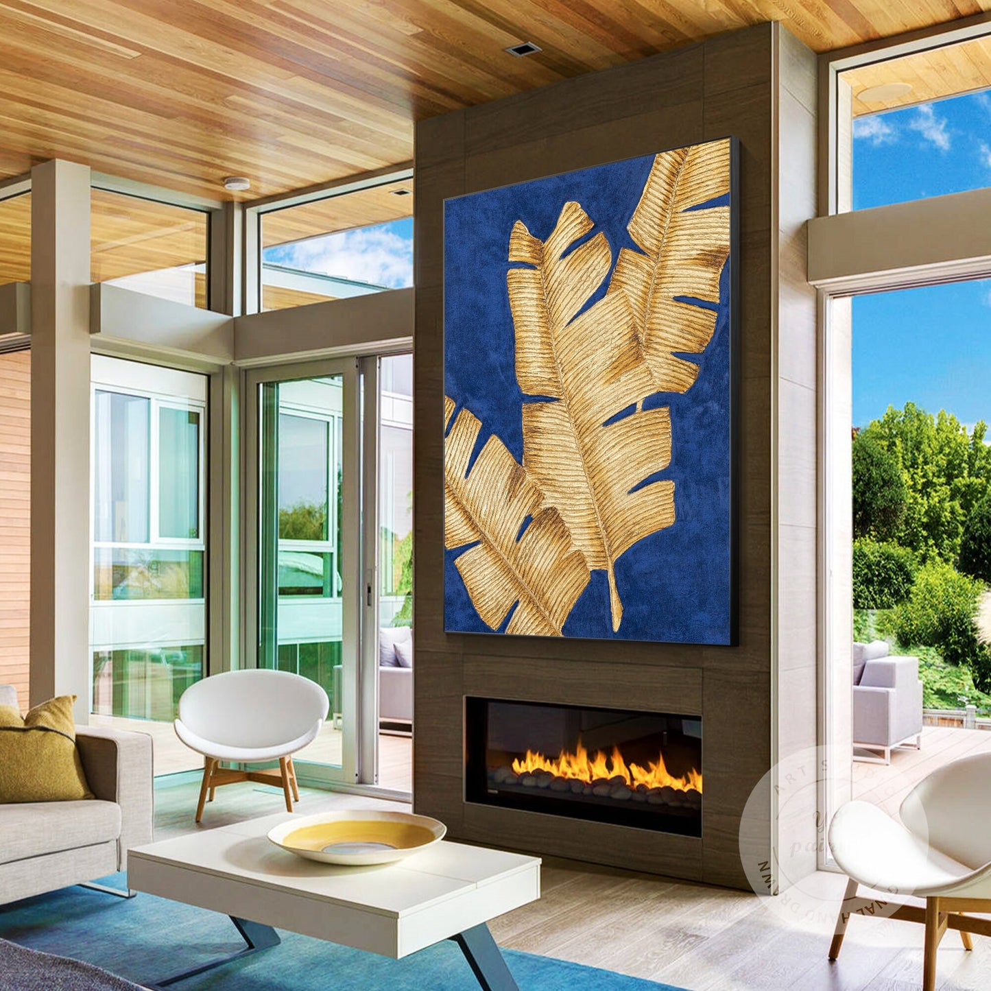 Blue & Gold Banana Leaf Painting: 3D Texture Minimalist Wall Art #4