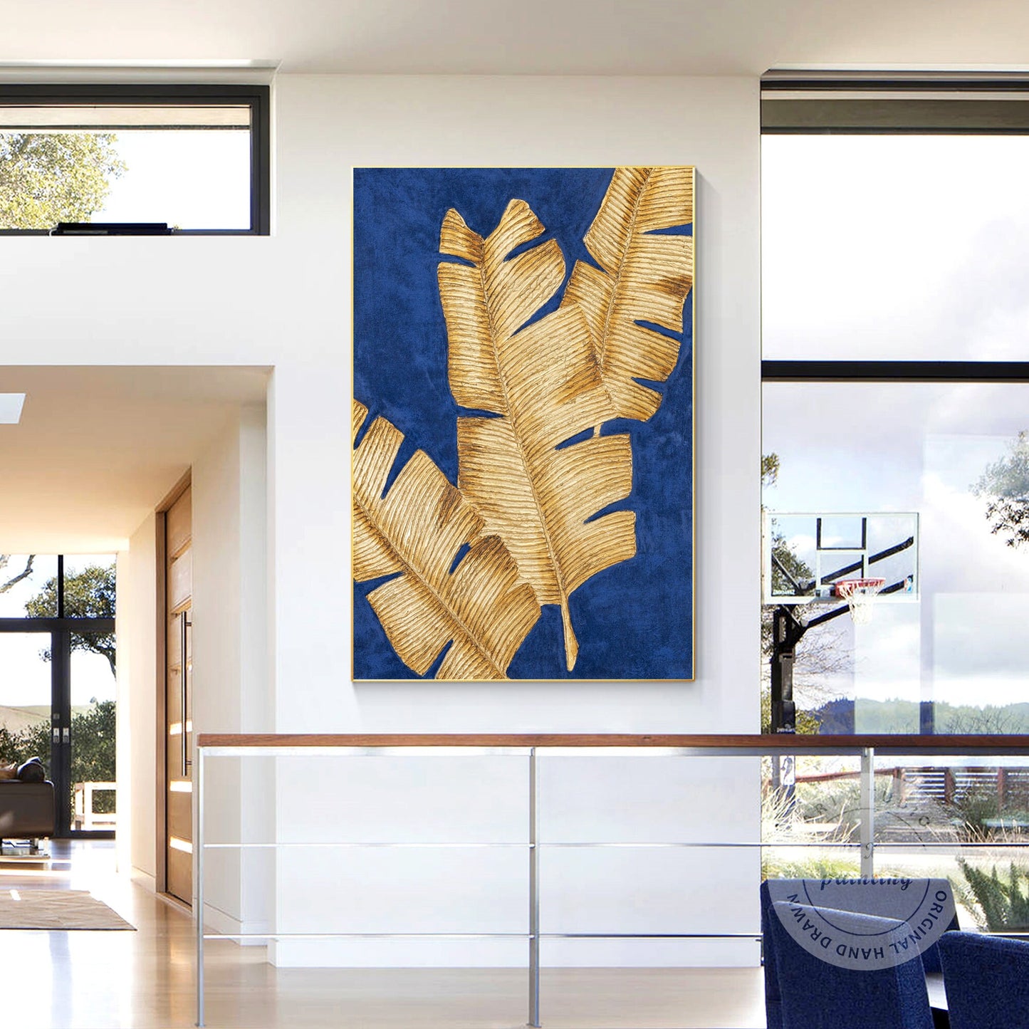 Blue & Gold Banana Leaf Painting: 3D Texture Minimalist Wall Art #5