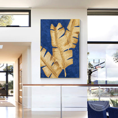 Blue & Gold Banana Leaf Painting: 3D Texture Minimalist Wall Art #5