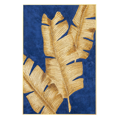 Blue & Gold Banana Leaf Painting: 3D Texture Minimalist Wall Art #8