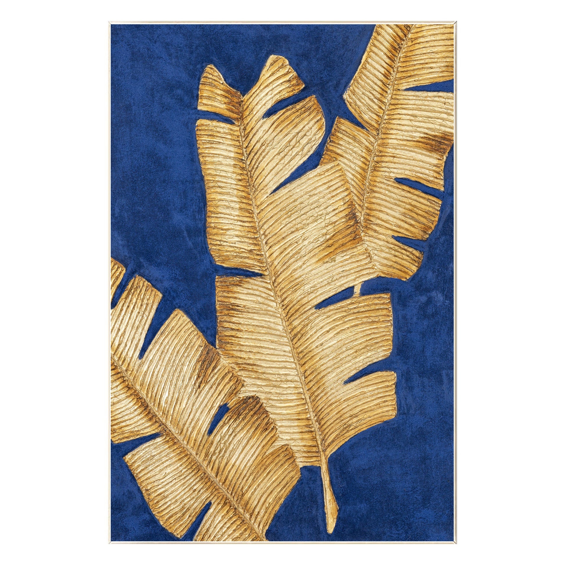 Blue & Gold Banana Leaf Painting: 3D Texture Minimalist Wall Art #9