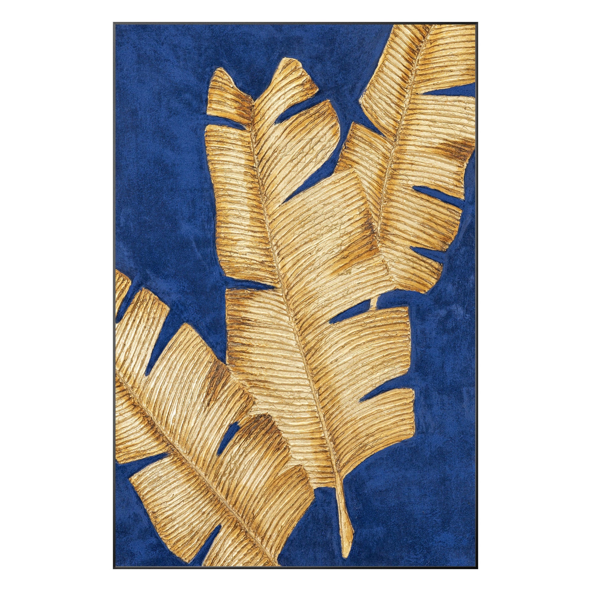 Blue & Gold Banana Leaf Painting: 3D Texture Minimalist Wall Art #10
