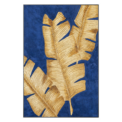 Blue & Gold Banana Leaf Painting: 3D Texture Minimalist Wall Art #10