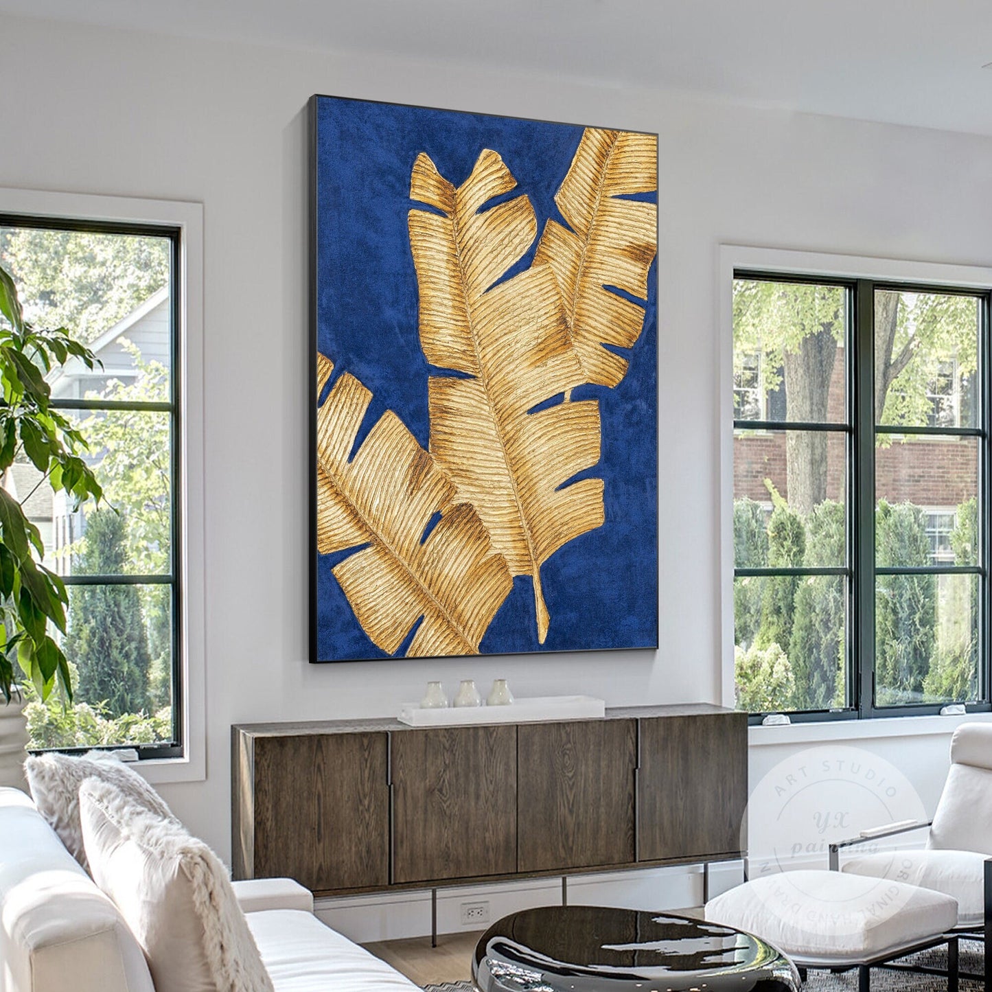 Blue & Gold Banana Leaf Painting: 3D Texture Minimalist Wall Art #1
