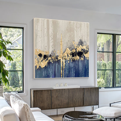 Blue Gold Foil Abstract Painting: Textured Square Canvas Wall Art #2