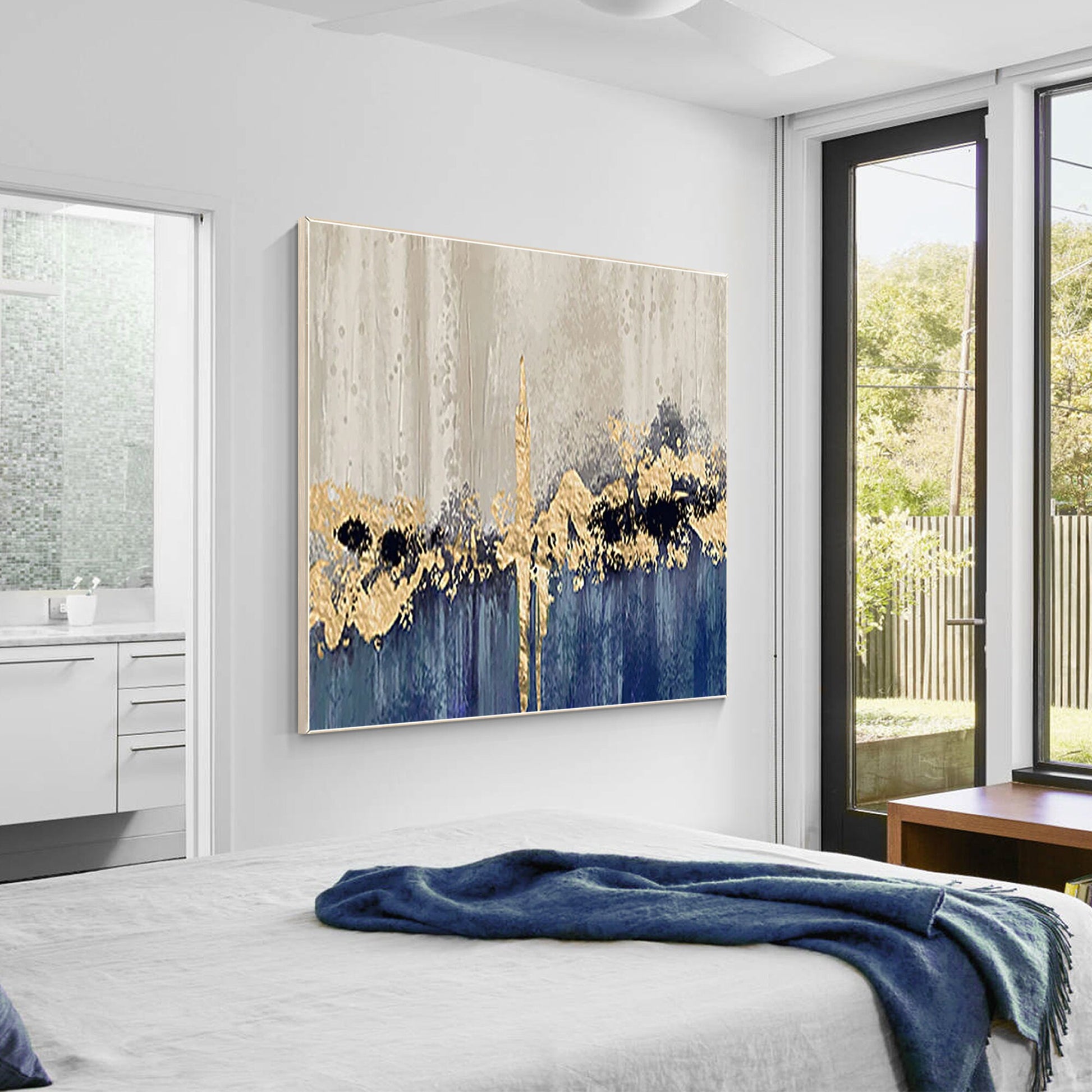 Blue Gold Foil Abstract Painting: Textured Square Canvas Wall Art #3