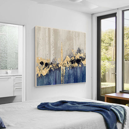 Blue Gold Foil Abstract Painting: Textured Square Canvas Wall Art #3