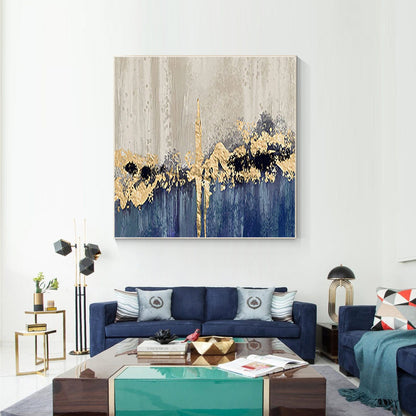Blue Gold Foil Abstract Painting: Textured Square Canvas Wall Art #4