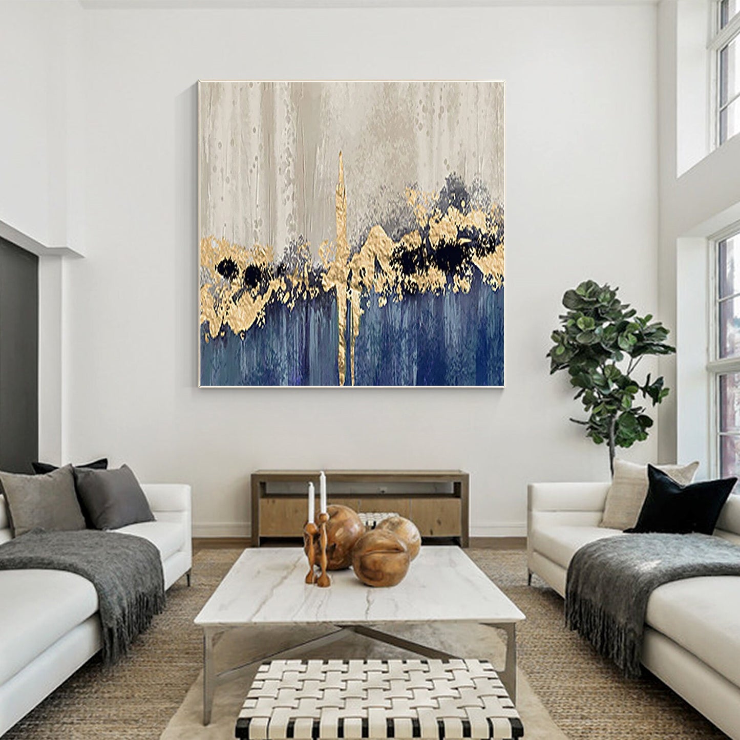 Blue Gold Foil Abstract Painting: Textured Square Canvas Wall Art #5