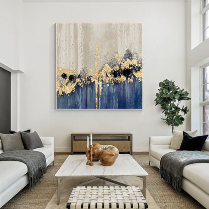 Blue Gold Foil Abstract Painting: Textured Square Canvas Wall Art #5