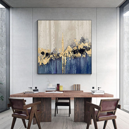 Blue Gold Foil Abstract Painting: Textured Square Canvas Wall Art #1