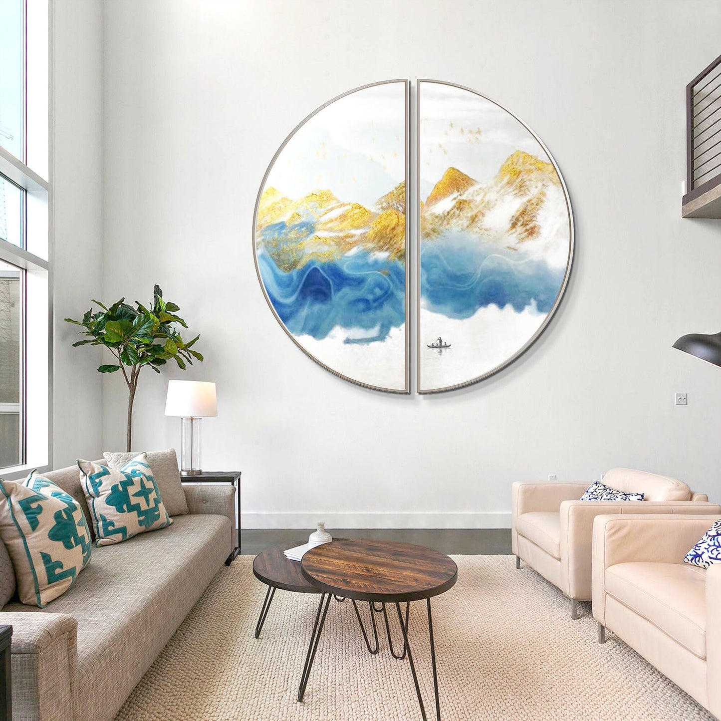 Blue Gold Mountain Landscape Painting Set: Round Framed Wall Art #2