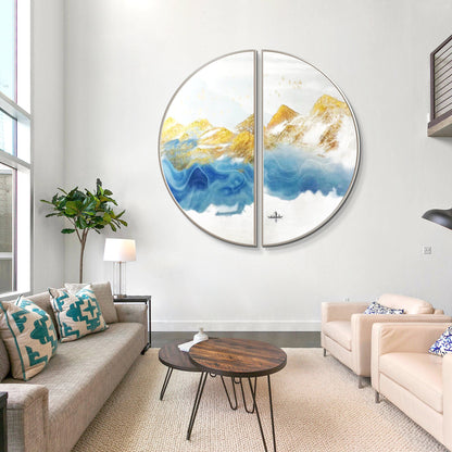 Blue Gold Mountain Landscape Painting Set: Round Framed Wall Art #2