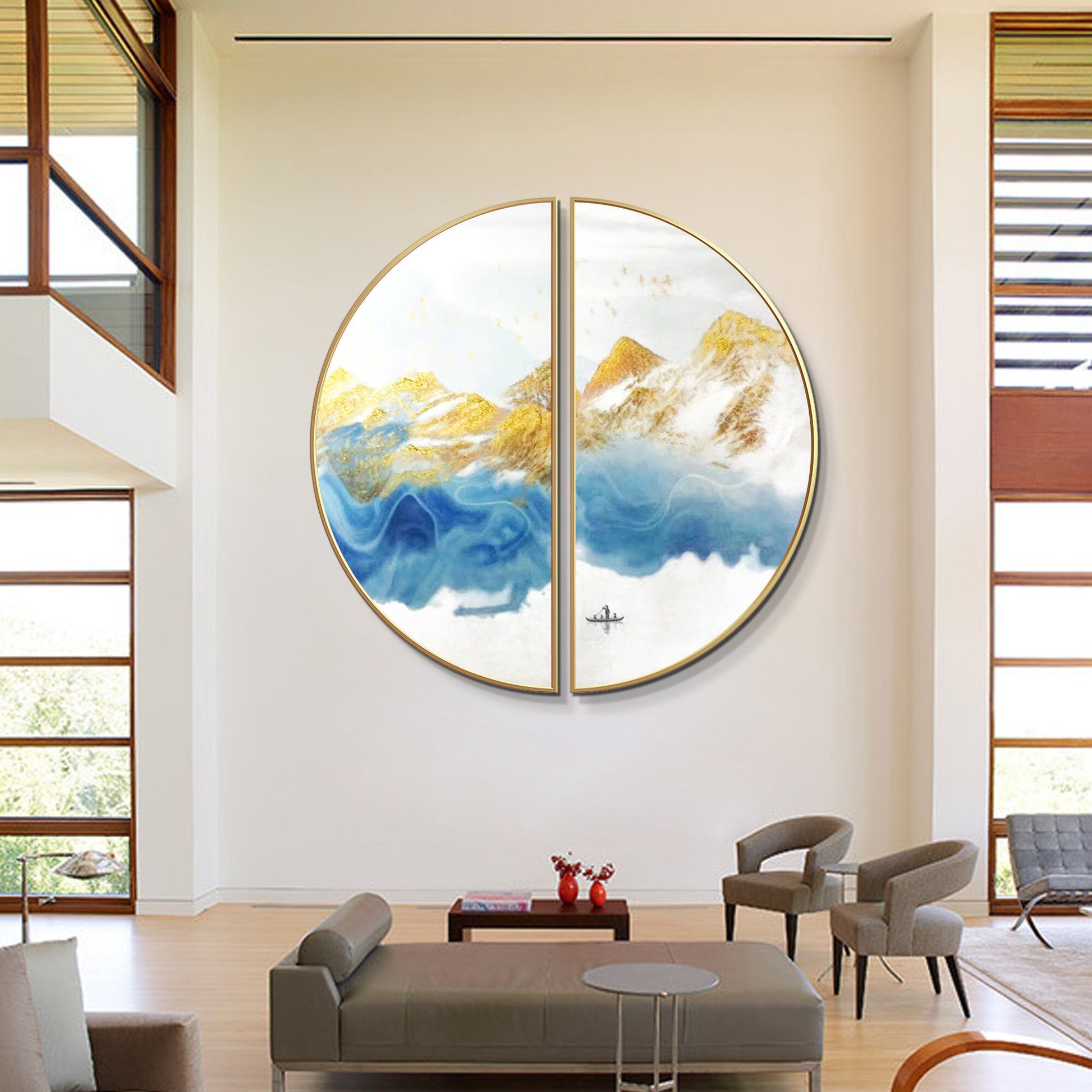 Blue Gold Mountain Landscape Painting Set: Round Framed Wall Art #3