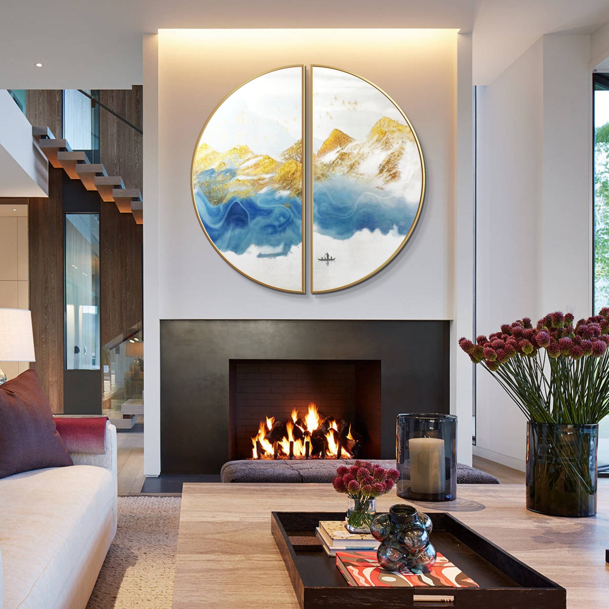 Blue Gold Mountain Landscape Painting Set: Round Framed Wall Art #4