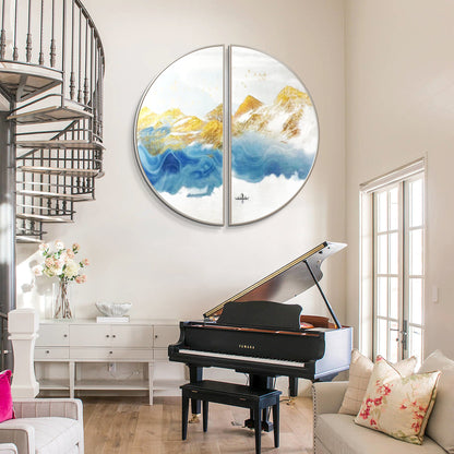 Blue Gold Mountain Landscape Painting Set: Round Framed Wall Art #5