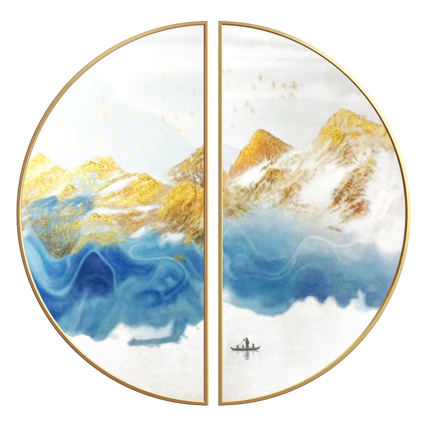 Blue Gold Mountain Landscape Painting Set: Round Framed Wall Art #6