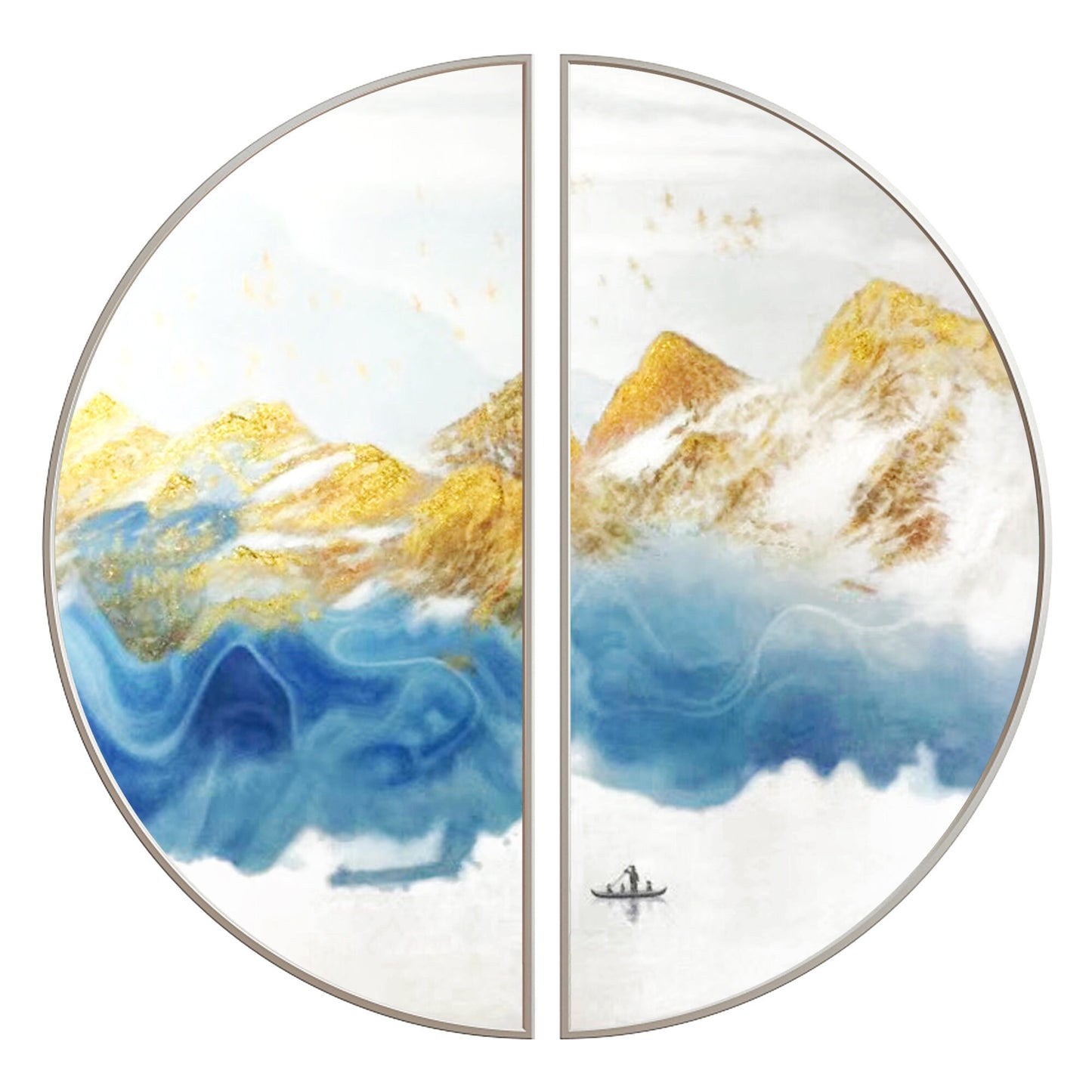 Blue Gold Mountain Landscape Painting Set: Round Framed Wall Art #7