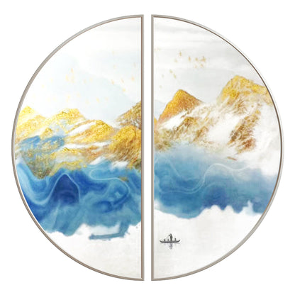 Blue Gold Mountain Landscape Painting Set: Round Framed Wall Art #7