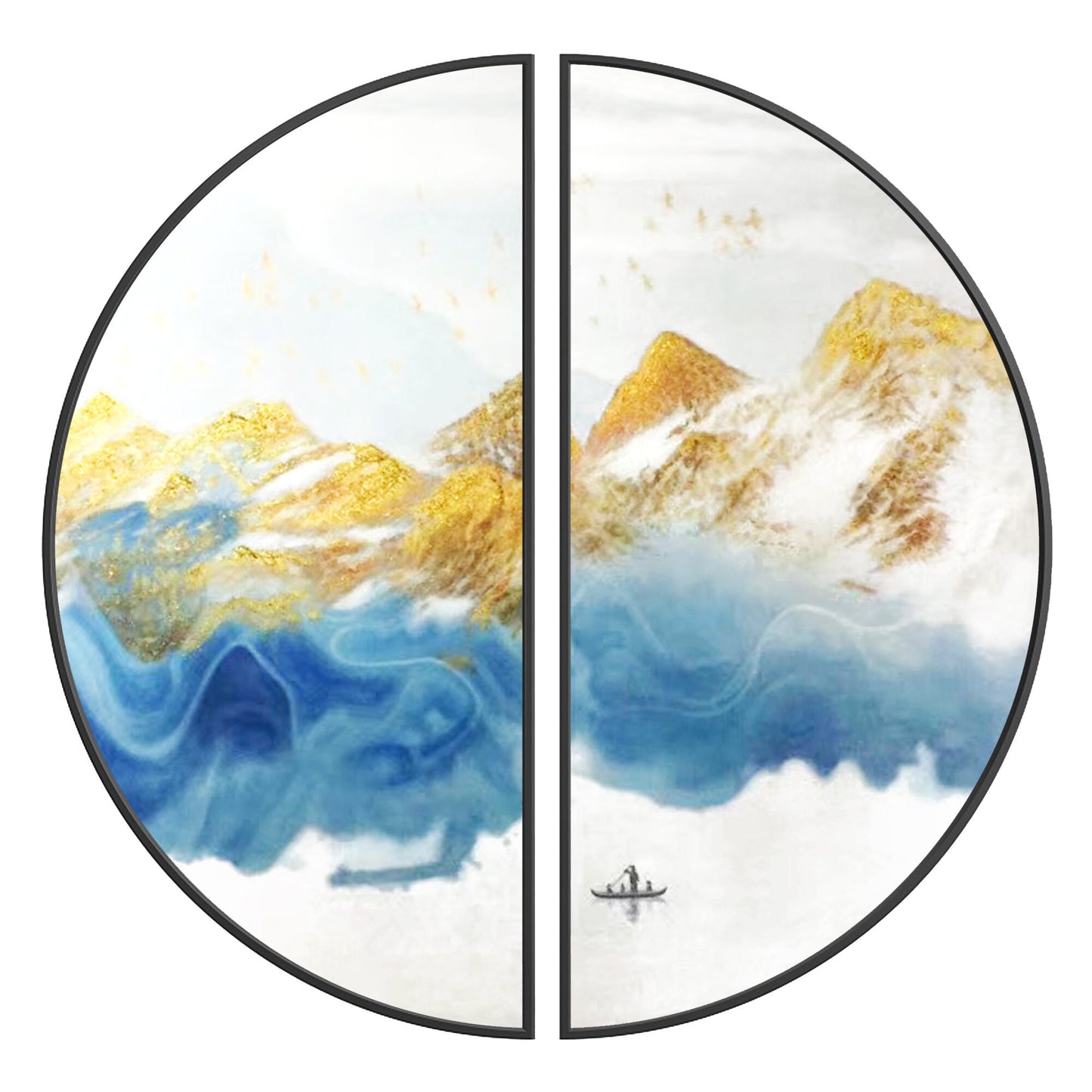 Blue Gold Mountain Landscape Painting Set: Round Framed Wall Art #8