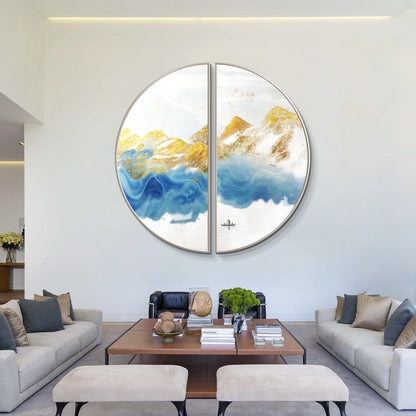 Blue Gold Mountain Landscape Painting Set: Round Framed Wall Art #1