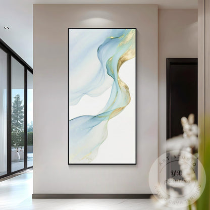 Blue & Gold Ribbon Canvas Painting, Modern Watercolor Wall Art, Elegant Home Dec #3