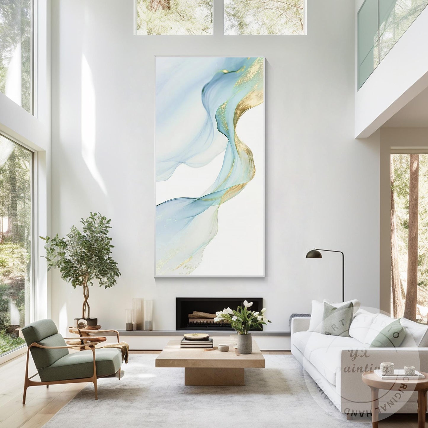 Blue & Gold Ribbon Canvas Painting, Modern Watercolor Wall Art, Elegant Home Dec #4
