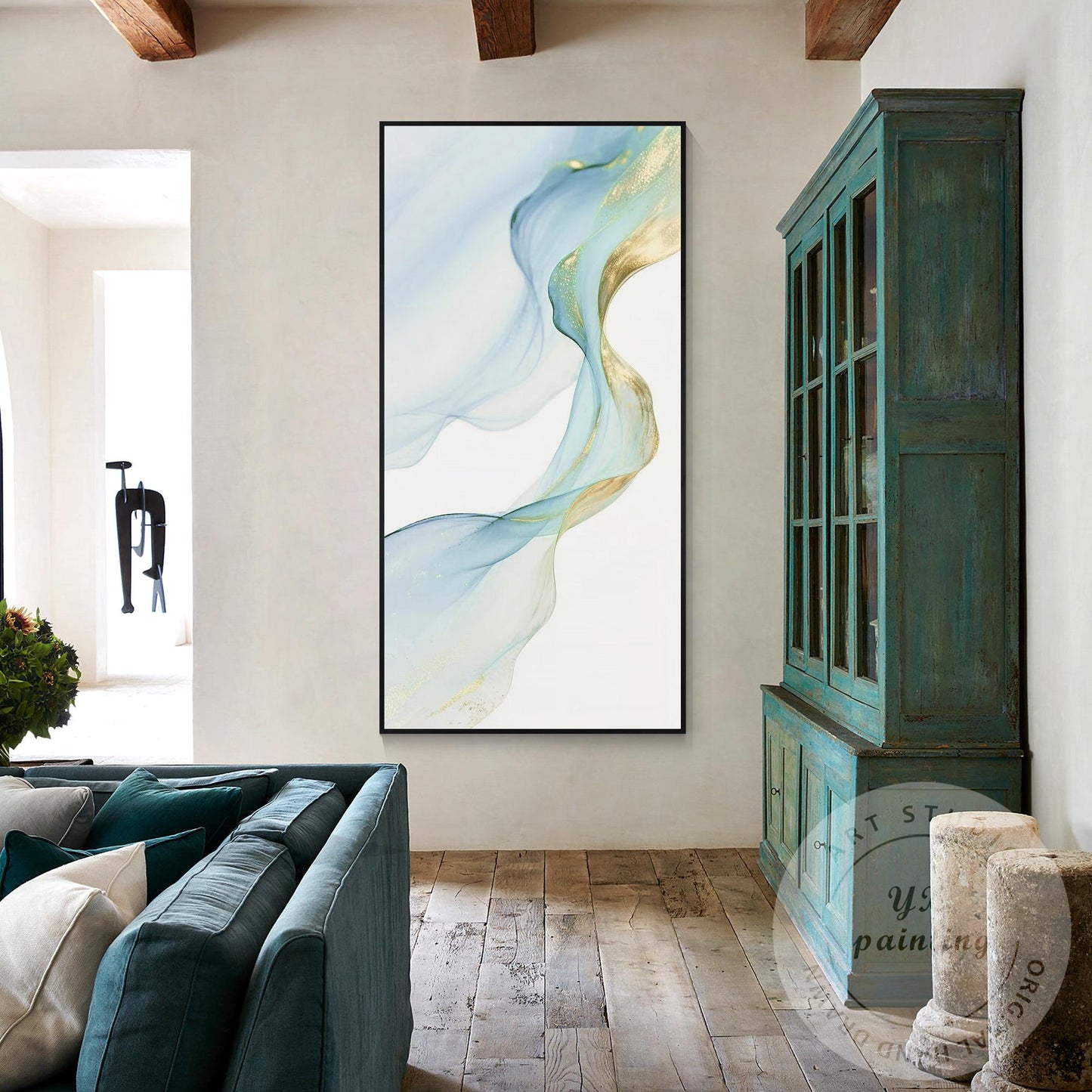 Blue & Gold Ribbon Canvas Painting, Modern Watercolor Wall Art, Elegant Home Dec #5