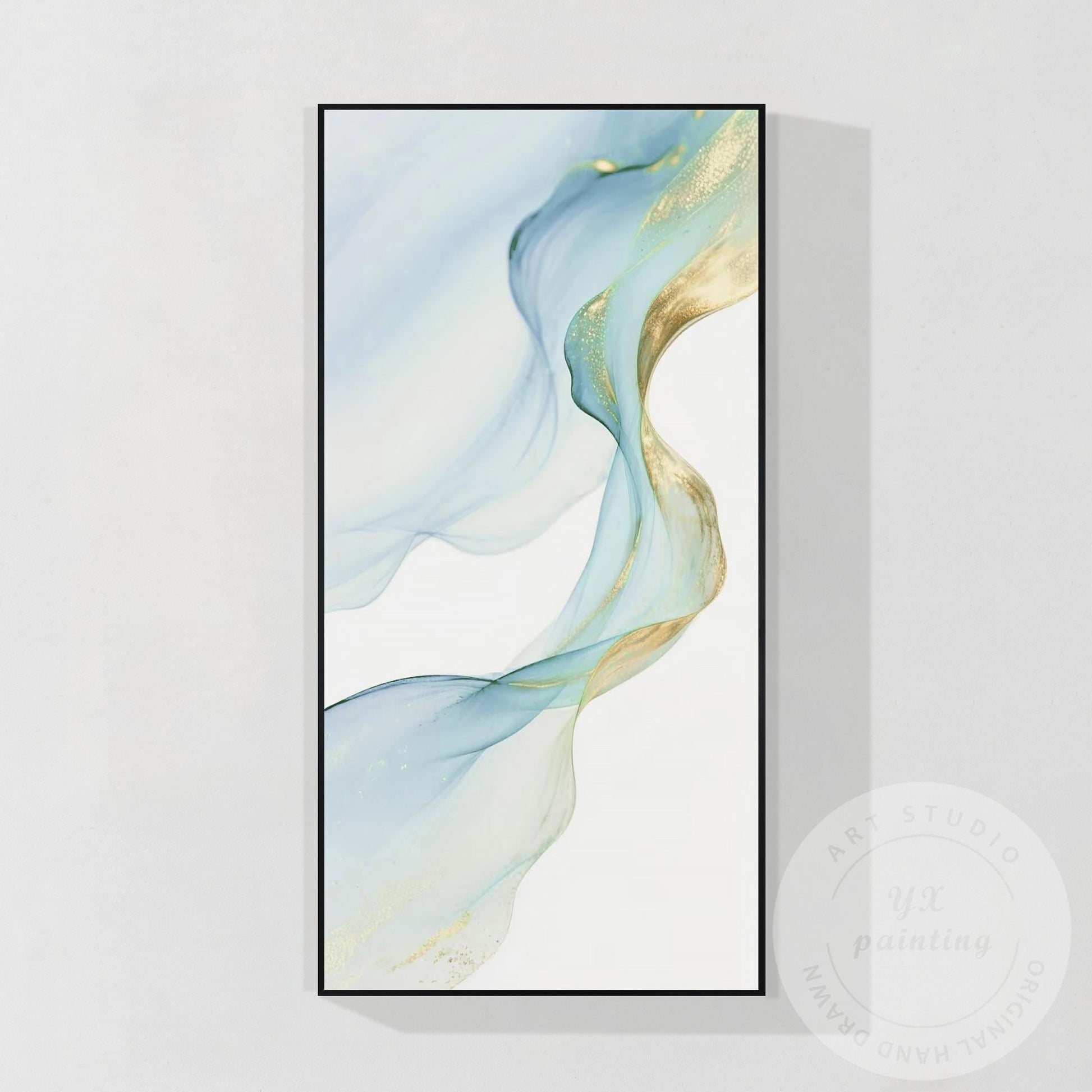 Blue & Gold Ribbon Canvas Painting, Modern Watercolor Wall Art, Elegant Home Dec #7